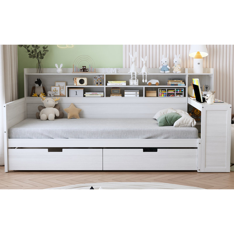 Lit de jour simple avec rangement et bureau superposés, teinte blanche antique