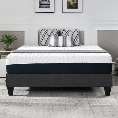 Lit plateforme tapissier texturé gris en lin gris, base de lit simple à profil bas avec lattes en bois renforcé, pieds fuselés en bois, aucun sommier requis, assemblage facile