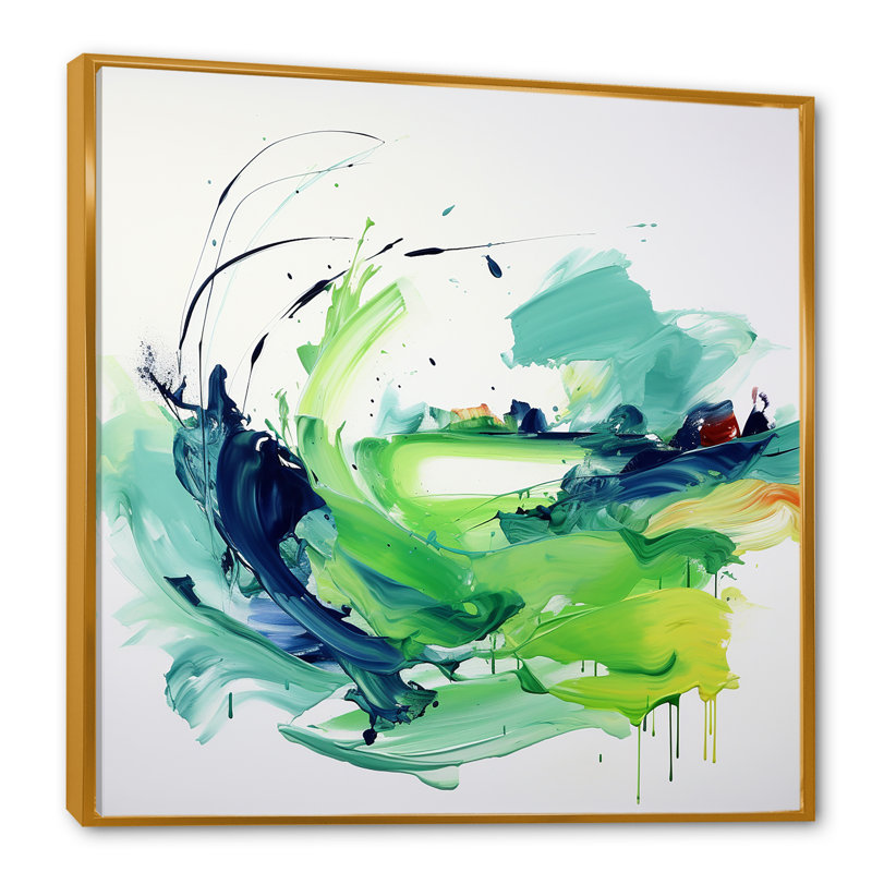 «Green Abstract Ink Expression III», art mural abstrait, Cadre flottant doré, H 30 po x l 30 po x P 1,5 po