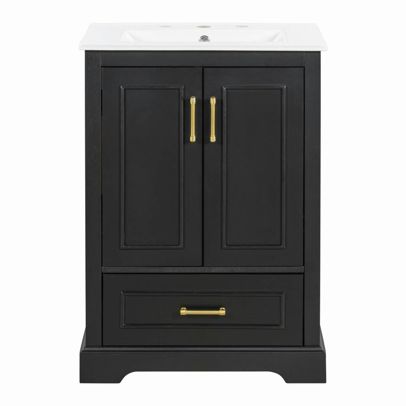 Meuble-lavabo 24 po avec lavabo, armoire en panneau de fibres à densité moyenne avec cadre en bois massif, 1 tiroir divisé et 2 portes à fermeture douce avec supports de rangement à deux portes, meuble-lavabo autoportant