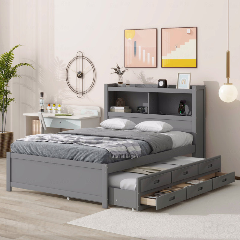 Full Platform Bed Frame, Trundle, Drawers, USB