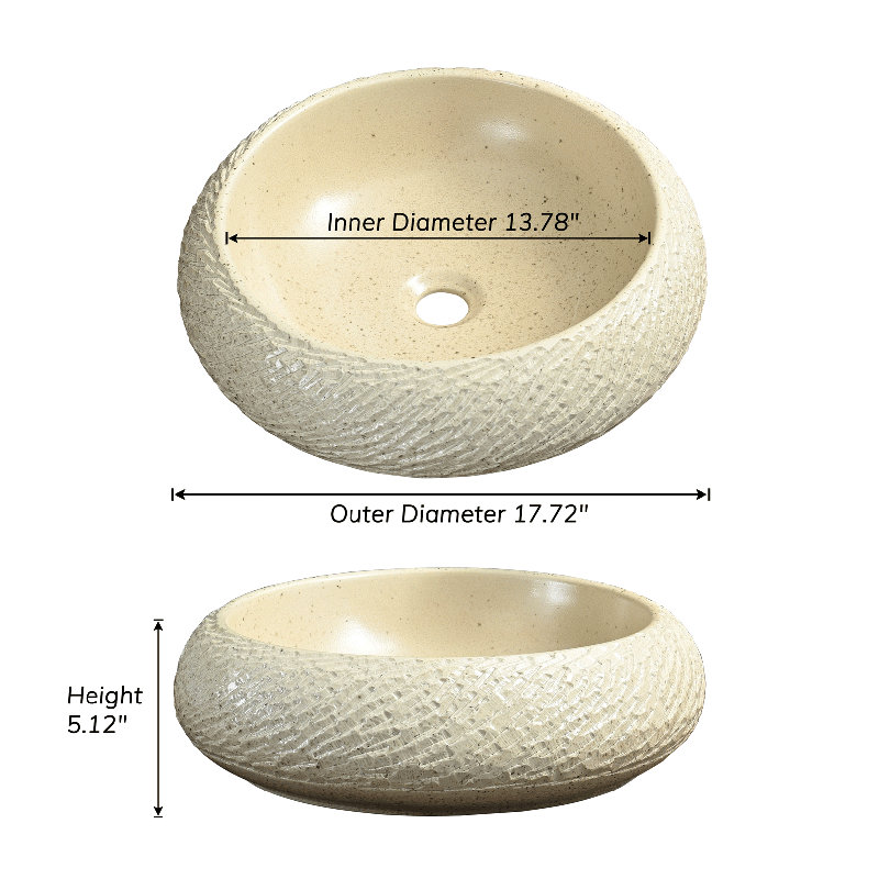 17.7'' Handmade Circular Bathroom Sink with Antique Carved Pop-up Drain, Beige