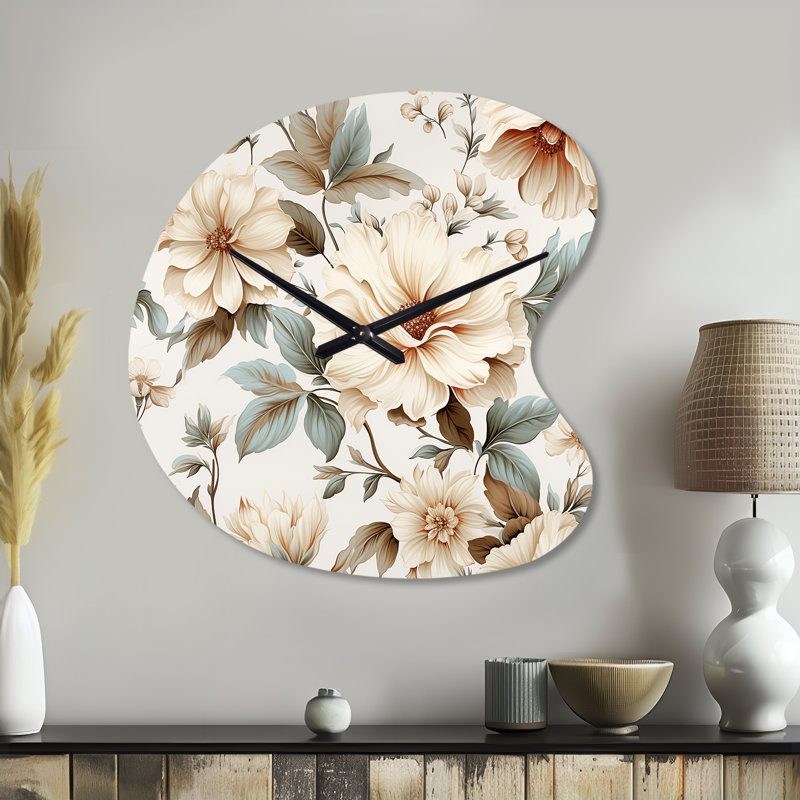 Vintage Florals - Plants Asymmetrical Metal Clock, White Unique Shape Wall Clock Print, Small