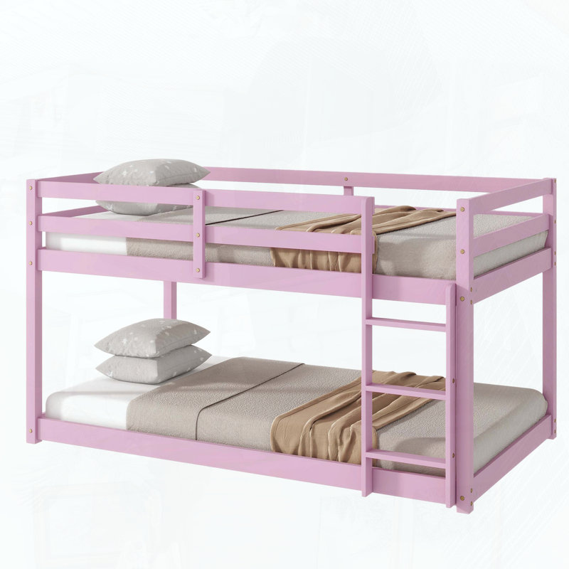 Twin Over Twin Rubber Wood Floor Bunk Bed with Ladder (Upper Slats Only), Pink