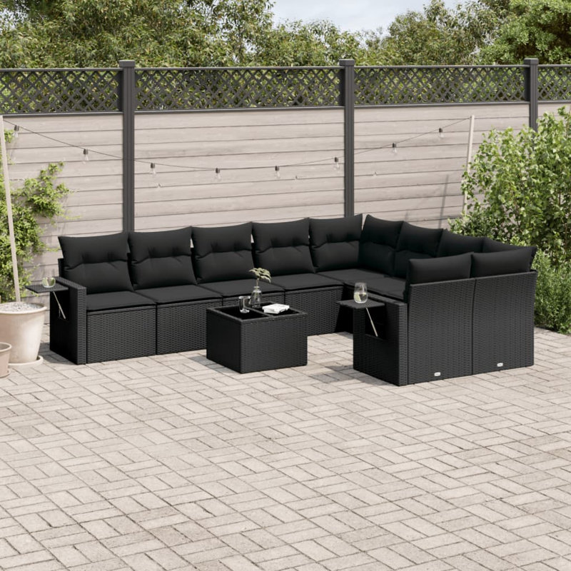  Ensemble de canapé de jardin en rotin PE noir, acier thermolaqué, verre trempé, Noir, Noir