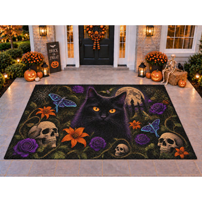 Tapis d'extérieur 152 x 213 cm (5 pi x 7 pi) motif crâne de chat d'Halloween, épais, imperméable, en PVC bouclé, résistant, séchage rapide, idéal pour terrasse, balcon ou entrée.