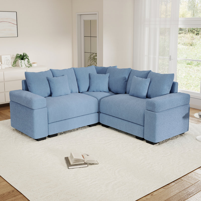 Oversized Cloud Modular Sectional, Corduroy Deep Seat With 10 Pillows, Blue Chenille