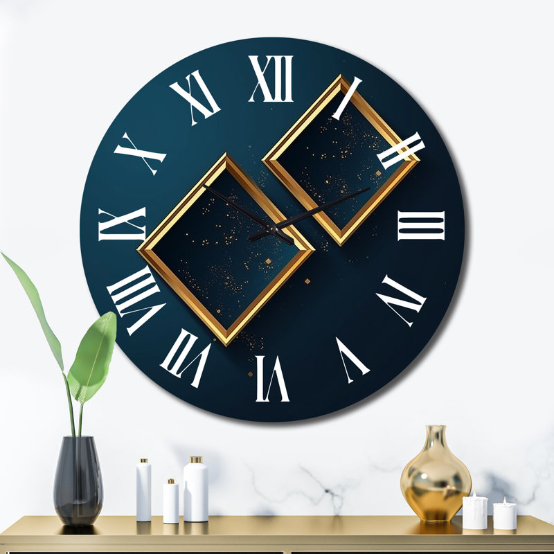 Retro Diamond Geometry In Teal And Gold I - Modern Geometric Wall Clock, Extra Large