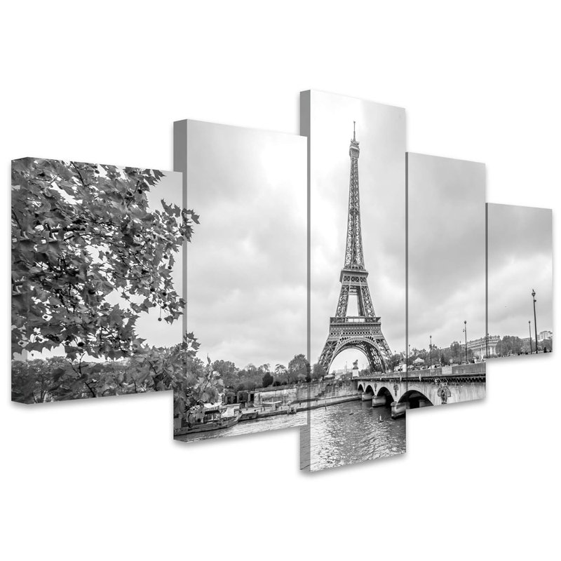 Architecture, Paris, Tour Eiffel, depuis la seine. Cityscape in Black and White Coastal - 5 pièces sur toile tendue