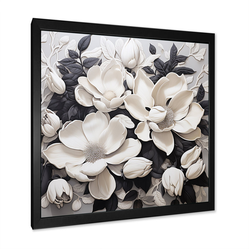 Tapisserie blanche et grise de magnolias sur toile, Cadre simple noir, H 16 po x l 16 po x P 1 po