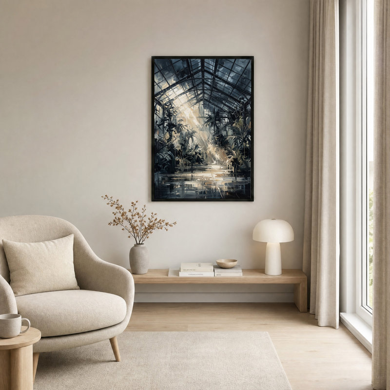 Tableau sur toile représentant des plantes tropicales ensoleillées dans une serre, H 18 po x l 12 po