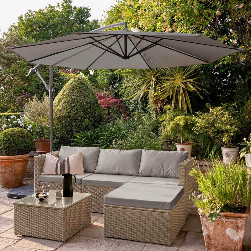 Luzi 4 Seater Rattan Garden Corner Sofa Set with Lean Over Parasol - Natural Weave, Grey