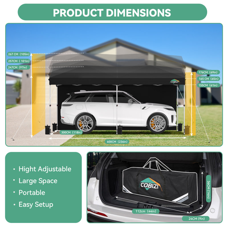 COBIZI 10x20 Pop up Canopy with 1-Button Push Center Lock, Portable Garage with 2 Sidewalls Carport Canopy Waterproof & UPF 50+,Canopy Tent 10 x 20 for Parties,Commercial,3 Adjustable Height