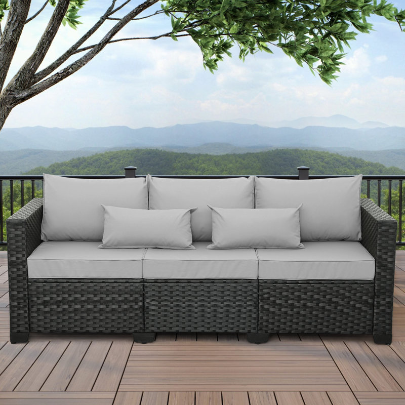 Ailina 79'' Wide Outdoor Wicker Patio Sofa with Anti-slip Cushions and Waterproof Cover, Black, Light Gray