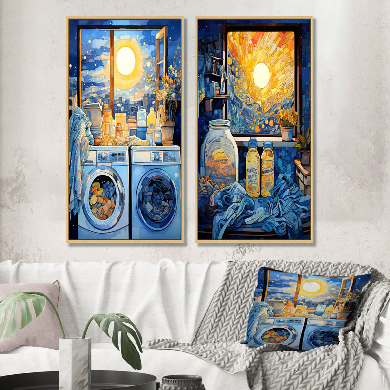 Ensemble de 2 décorations murales bleues et jaunes, H 28 po x l 25 po, Cadre flottant brun