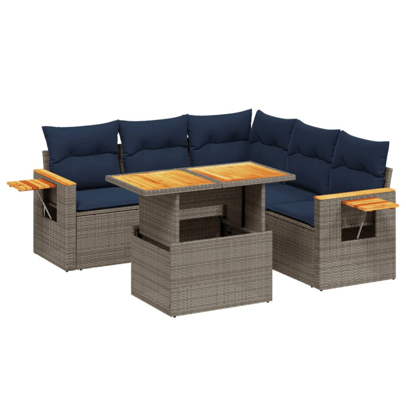  Ensemble de canapé de patio 6 pièces avec coussins en rotin de polyester, Bleu, Gris