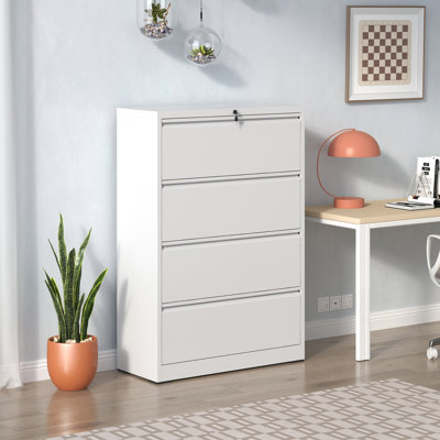 Classeur latéral à 4 tiroirs de 35,4 pouces de largeur, en métal robuste, pour le bureau à domicile, tiroirs d'une capacité de 440 lb, système de verrouillage, classeur en métal avec coussin de sol large, thermolaqué blanc, réglable