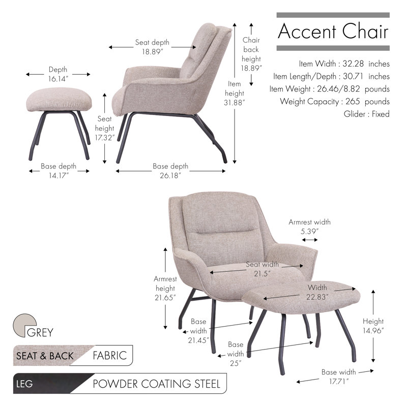 Caicedo Fabric Upholstered Accent Chair with Ottoman, Gray Polyester Blend