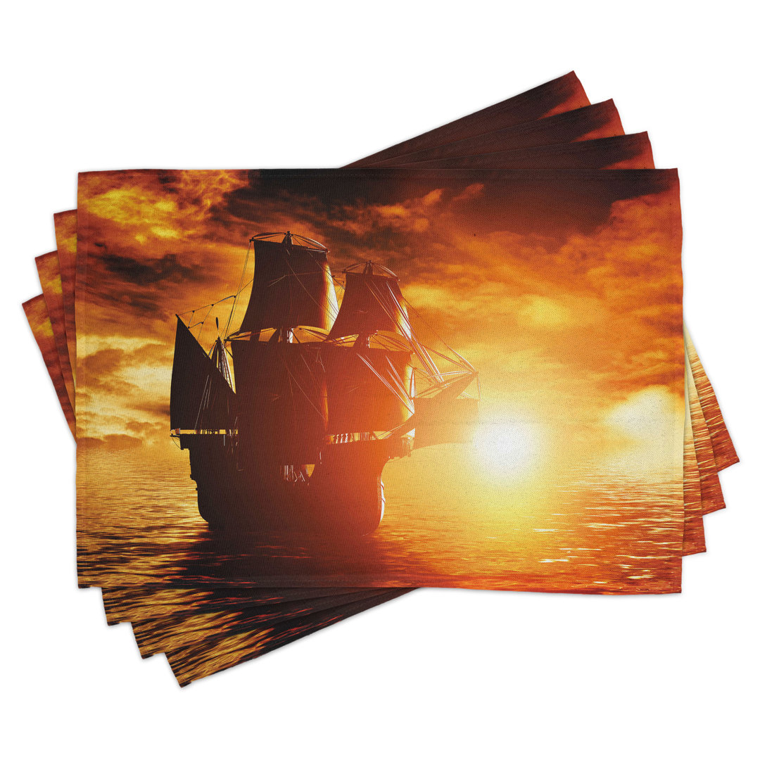 Platzmatten, Schiff Sonnenuntergang, Piratenschiff, Schwarz Orange Gelb