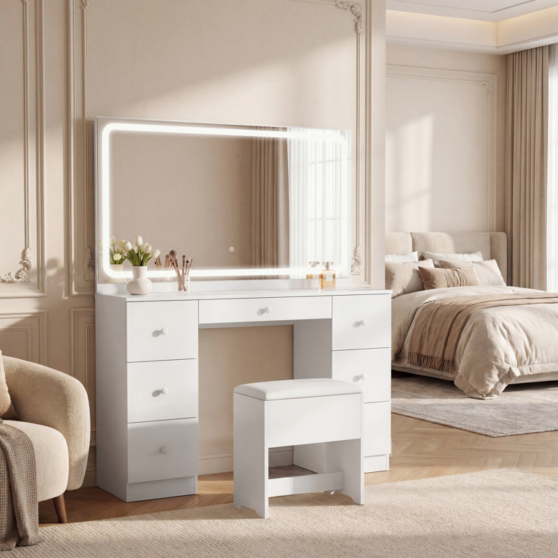 Meuble-lavabo de 46 pouces avec grand miroir à DEL, coiffeuse à maquillage professionnelle avec 7 tiroirs, station de charge et lumières réglables, blanc