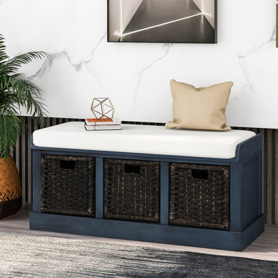 Javier Acacia Wood Upholstered Storage Bench with 3 Drawers and 3 Woven Baskets for Entryways, Bedrooms, or Living Spaces