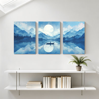 «Landscape & Nature Moonlit Lake Mountain Reflection Canoe Sky Clouds Water Water», ensemble de 3 impressions sur toile