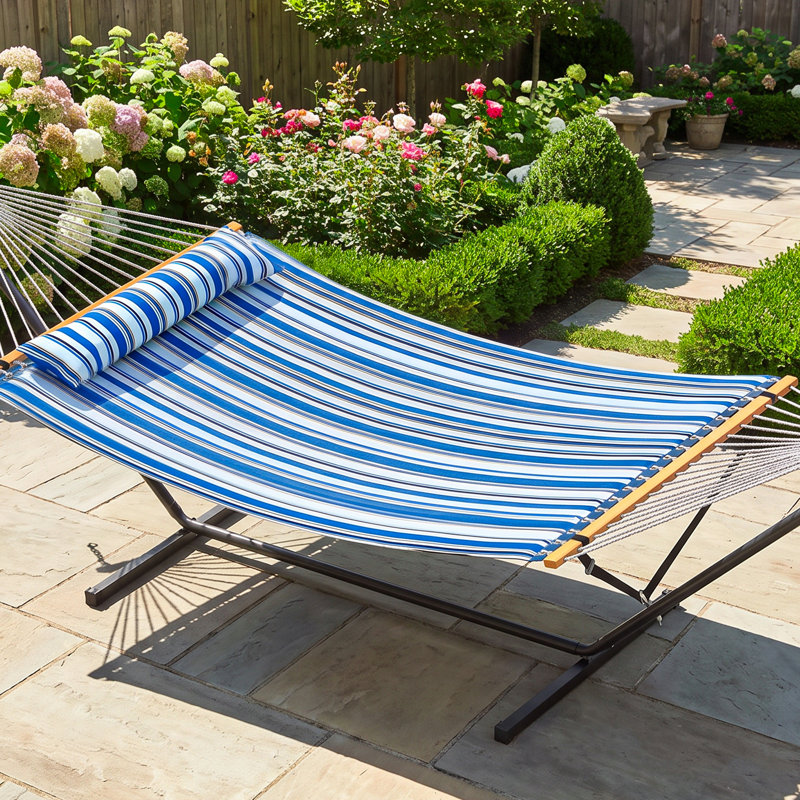 Hamac pour 2 personnes en polyester avec support en acier robuste, capacité de 500 lb, installation autoportante sans outils, résistant aux intempéries pour le patio, la cour et l'intérieur - bleu