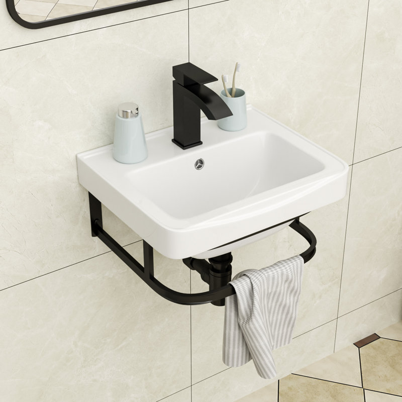 17" L x 14" W Wall Mount Bathroom Sink Wall Hung Rectangluar White Ceramic Bathroom Sink with Overflow