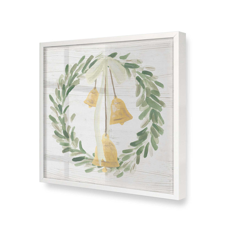 «Holiday Bells Wreath I», impression, Cadre simple opaque blanc, bois massif, H 13,5 po x l 13,5 po