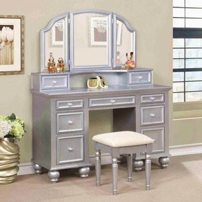 Transitional Style  1Pc Vanity W/ Stool Set Knob Handles Storage Drawers 3-Sidded Mirror Bedroom Furniture