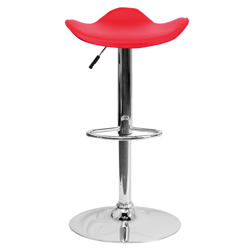 Nondalton Contemporary Vinyl Adjustable Height Barstool with Wavy Seat and Chrome Base, Red