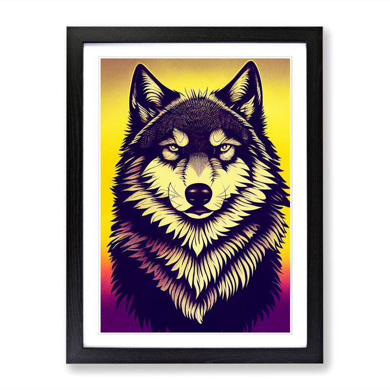 FRM-V0523-2923X Wolf Retro Art - Single Picture Frame Print, Black, 34cm H x 25cm W x 2cm D