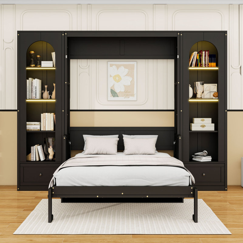 Grand lit plateforme escamotable en bois avec 2 tiroirs et tablettes et DEL, Noir