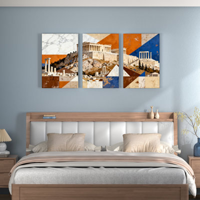 Acropolis of Athens Geometric Abstract Canvas Wrapped Wall Art, Oil Painting Print (Set of 3)