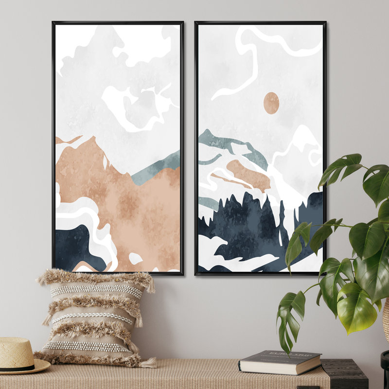 Ensemble de 2 impressions graphiques - Montagne pleine lune dans un paysage abstrait rétro II, H 32 po x l 32 po x P 1 po