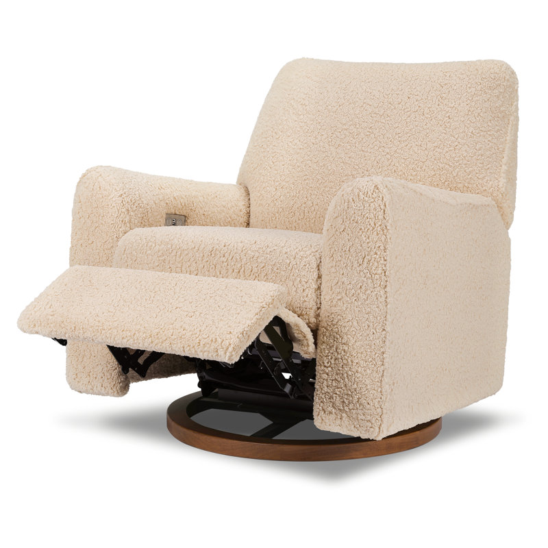 Sunday Power Recliner and Swivel Glider, Beige Sherpa, Dark Wood