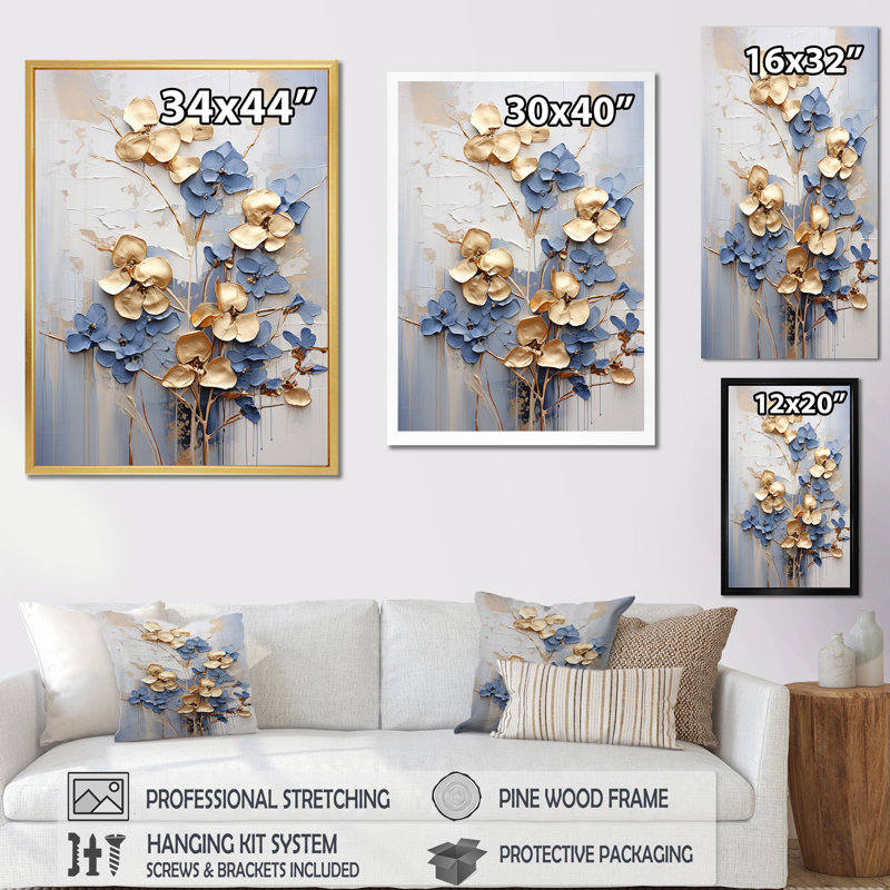 «Blue and Gold Adorned Violets II», reproduction sur toile, Cadre naturel flottant, H 20 po x l 12 po x P 1 po
