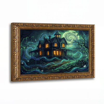 Haunted House With Glowing Windows And Green Halloween Canvas Wall Art