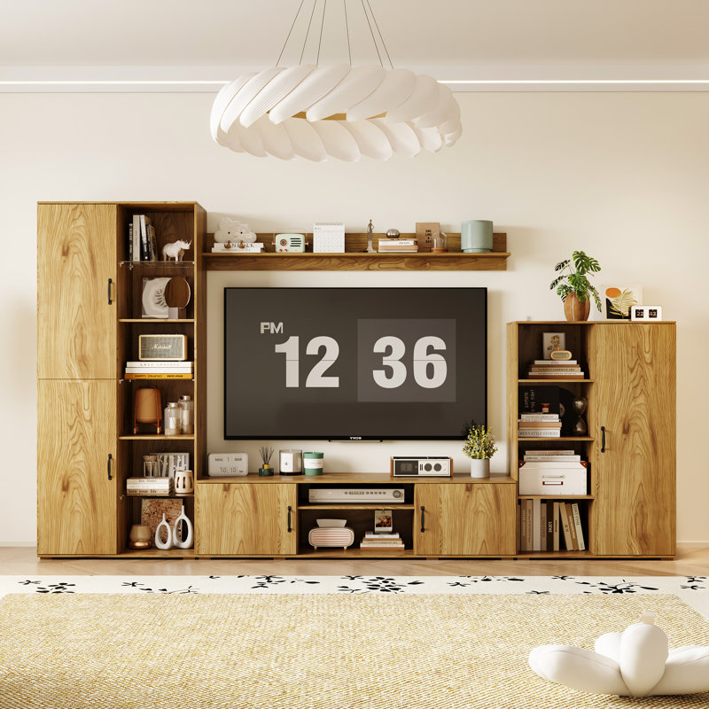 Modern 4-Piece Entertainment Center With Left & Right Tall Cabinets, Overhead Shelf, And 63'' TV Stand, Wood Finish