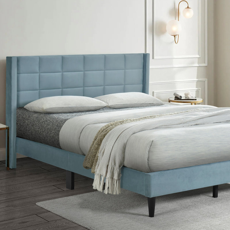 75.9'' W King Size Upholstered Platform Bed with Velvet Fabric & Square Tufted Headboard, Blue, King