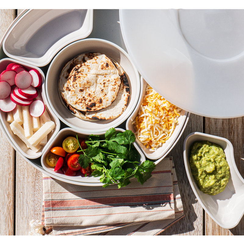 Lazy Susan - 6 sectioned bowls fit perfectly into a rotating lazy susan base for easy serving - Durable, Clear Lid snaps on for Portability 