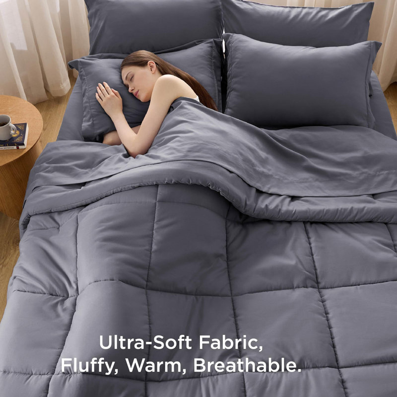 Bedsure Quilted Design Comforter Set, Queen Comforter + 6 Additional Pieces, Dark Gray