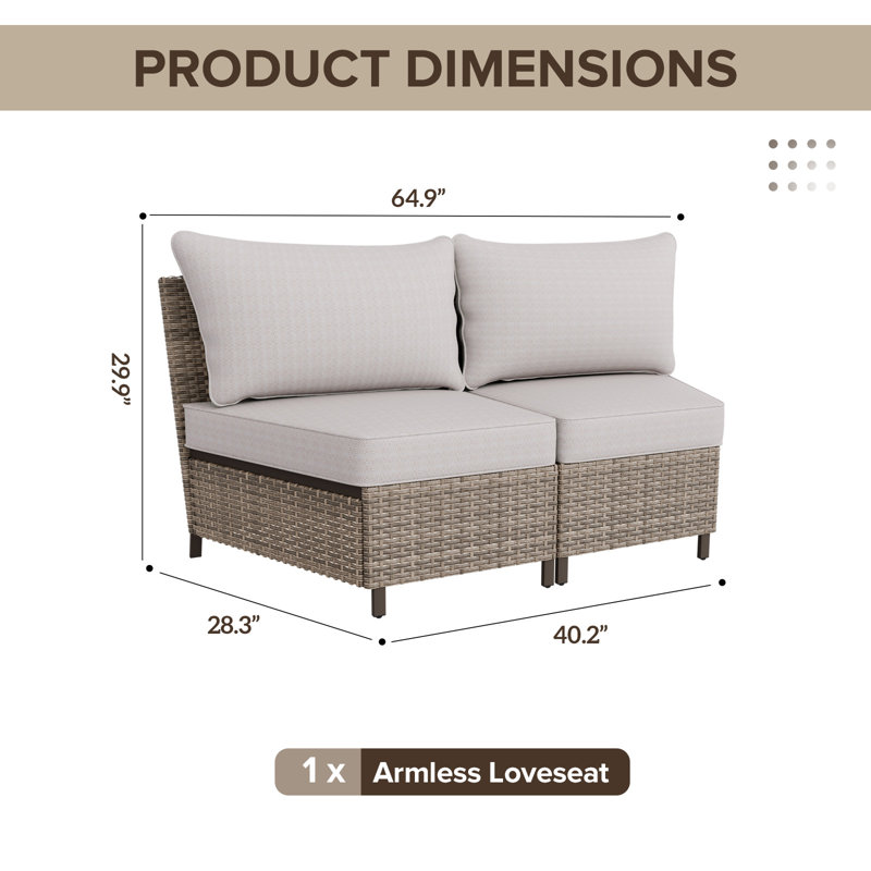 Beige Wicker Armless Outdoor Chairs with Cushions, 2-Piece Set