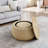Round Storage Ottoman, Woven Rattan Fabric Ottoman, 2 In 1 Function, Work As End Table And Ottoman,With Small Seat-Nature