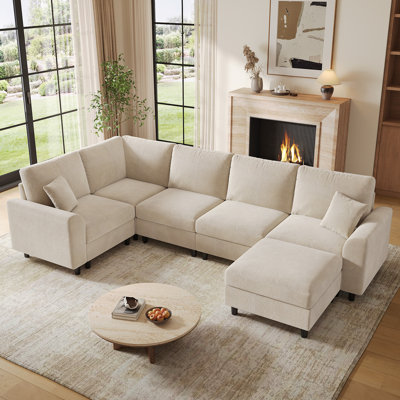 Canapé d'angle modulaire réversible en chenille, 6 pièces, 328 cm de large, avec pouf