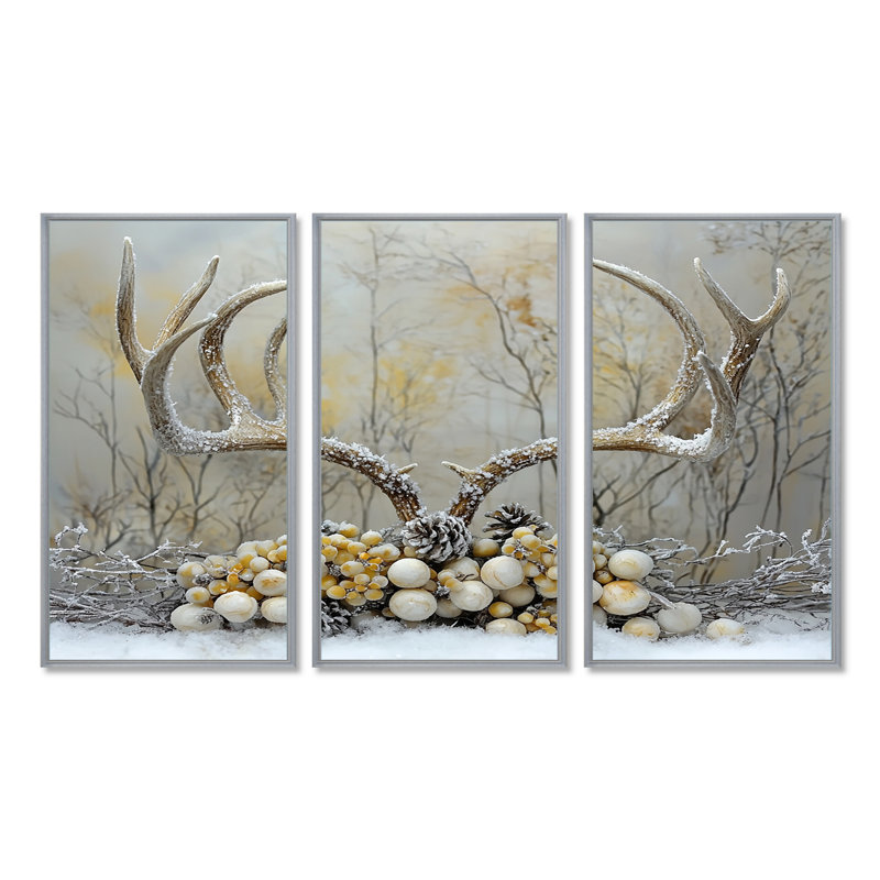 Cerf doré dans un décor de Noël I, Toile avec cadre flottant brun, H 32 po x l 48 po x P 1 po