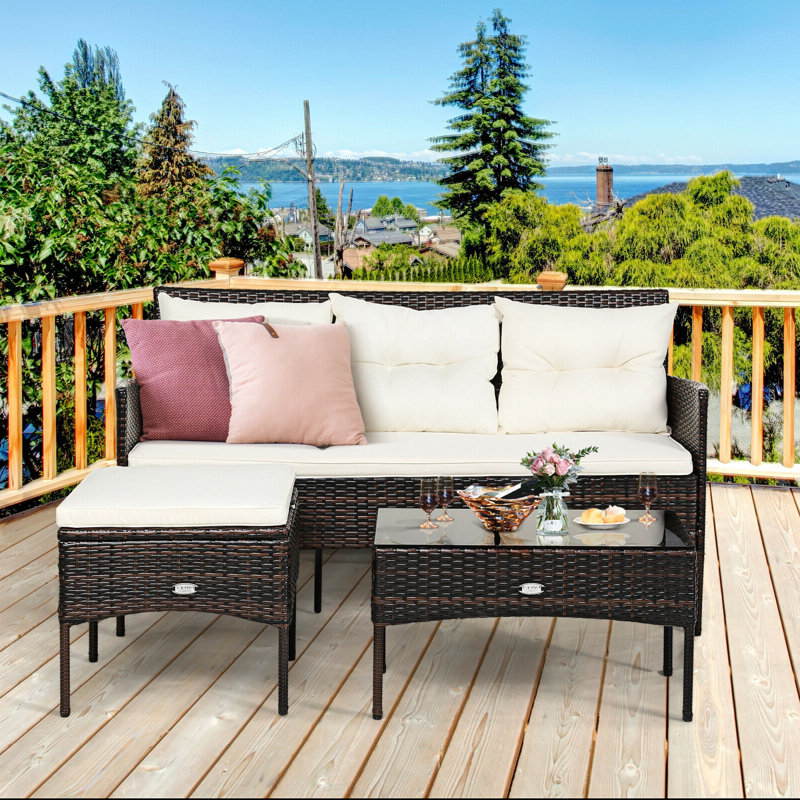 Ensemble de conversation en osier / rotin pour 4 personnes avec coussins, Blanc