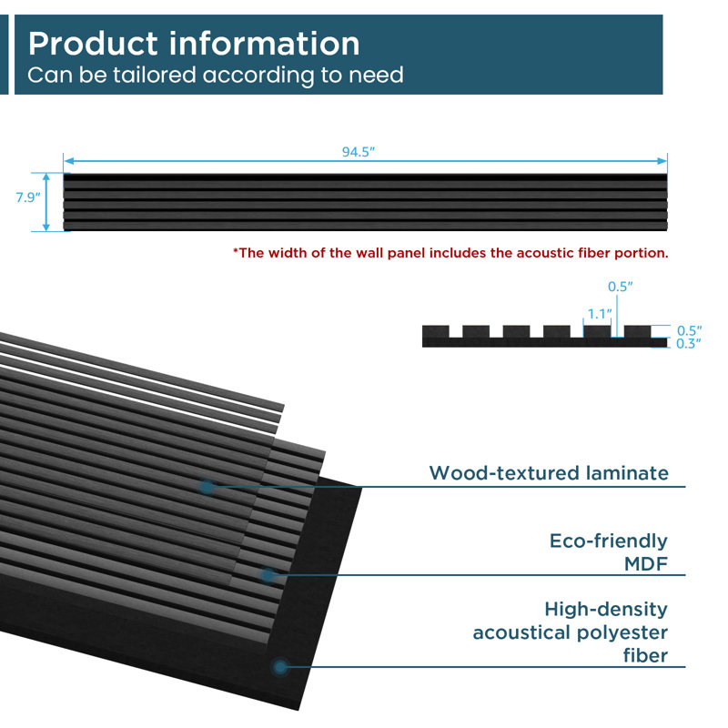 6PC X 94.5" X 7.9" 3D Acoustic/Sound Proof Wood Slat Wall Panels (Set Of 6/ 31 Sq. Ft.) , Matte Black