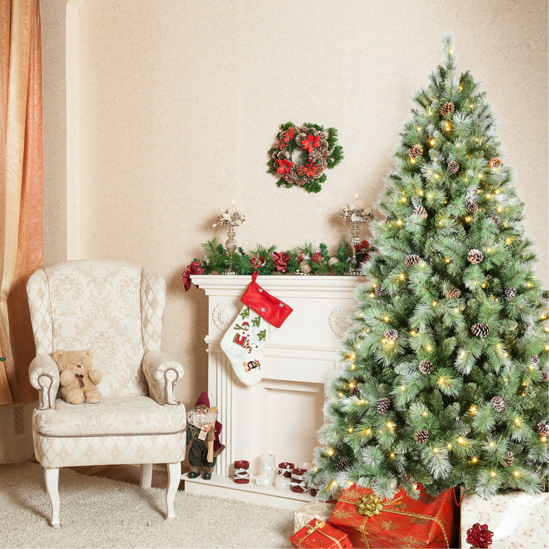 Arbre de Noël 8 pi avec 102 pommes de pin - 1858 pointes, branches mixtes en PVC et à aiguilles dures, structure à charnières pour une installation facile, support en métal robuste - arbre de Noël réaliste