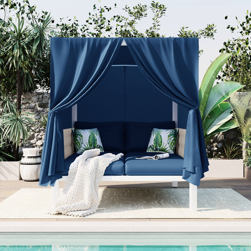 Blue Woven Rope Sunbed - Water- Comfortable Experience Patio Sun Lounger With Curtains Stylish Outdoor Furniture, Thick Cushions For Relaxation, Construction, Water-, 70.9''H X57.5''W X 57.5''D